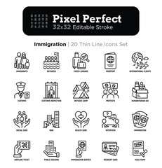 Immigration thin line icons set: immigrants, illegals, baggage examination, passport, resident card, public housing, customs, inspection, refugee camp. Editable stroke. Vector illustration.