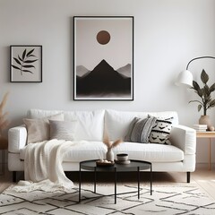 White sofa and black coffee table against white wall with art poster. Scandinavian boho home interior design of modern living room generative AI	