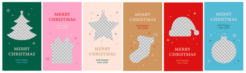 Merry Christmas and Happy New Year set of 6 social media story design templates. Xmas holiday poster set. Vector design of christmas elements for greeting card, cover, social media post, minimal
