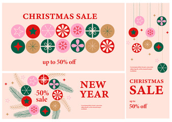 Merry Christmas and Happy New Year set of banner design templates. Xmas holiday poster set. Vector design of christmas elements for greeting card, cover, social media post, minimal