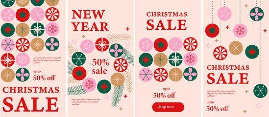 Merry Christmas and Happy New Year set of 4 social media story design templates. Xmas holiday poster set. Vector design of christmas elements for greeting card, cover, social media post, minimal - obrazy, fototapety, plakaty