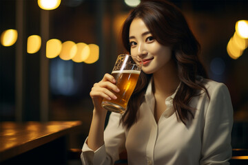 バーでビールを飲み女性