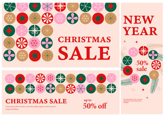 Merry Christmas and Happy New Year set of banner design templates. Xmas holiday poster set. Vector design of christmas elements for greeting card, cover, social media post, minimal