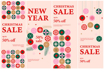 Merry Christmas and Happy New Year set of vertical banner design templates. Xmas holiday poster set. Vector design of christmas elements for greeting card, cover, social media post, minimal