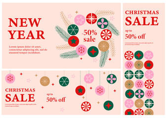 Merry Christmas and Happy New Year set of banner design templates. Xmas holiday poster set. Vector design of christmas elements for greeting card, cover, social media post, minimal