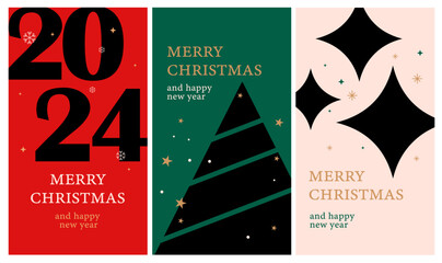 Merry Christmas and Happy New Year set of 3 social media story design templates. Xmas holiday poster set. Vector design of christmas elements for greeting card, cover, social media post, minimal
