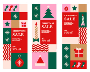 Merry Christmas and Happy New Year set of vertical banner design templates. Xmas holiday poster set. Vector design of christmas elements for greeting card, cover, social media post, minimal