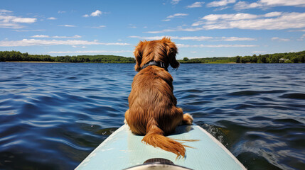 chien assis à l'avant d'un paddle en train de flotter sur un lac