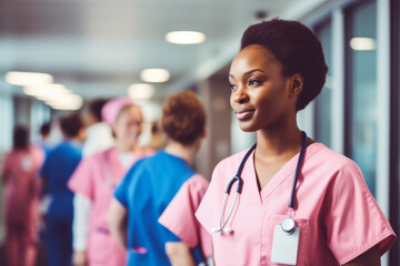 Portrait of young African American female doctor or nurse wearing pink uniform in medical facility. Confident smiling medical practitioner or intern with stethoscope. Healthcare and treatment concept.