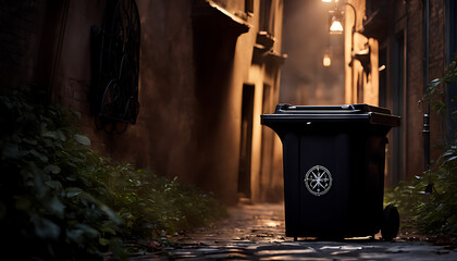 A dark and eerie trash bin hidden in the shadows of an alleyway, filled with mysterious objects and discarded items, waiting to be discovered by a curious explorer. - obrazy, fototapety, plakaty