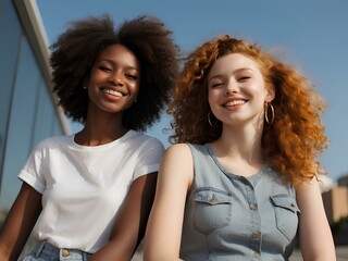 Fototapeta premium Two young women smiling brightly, a woman with red hair and white skin smiling with an African American woman. Concept for friendship, diversity and equality