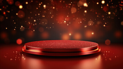 Luxury red podium against sparkle, glitter, blurred lighting on red elegant background. Design for Chinese New Year celebration, advertising or product presentation, banner, flyer. Generative AI
