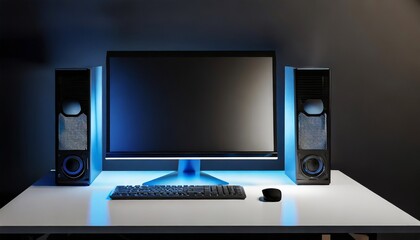 PC setup with stereo speakers and a monitor on a desk lit up by blue LED lights