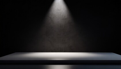 Empty studio. Black background. White table with spotlight. Minimalist mockup for podium display and showcase, studio room, Desk illuminated by spotlight, interior room for displaying products - obrazy, fototapety, plakaty