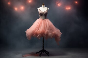 An elegant pink ballet-themed dress on a mannequin with a misty background and twinkling lights overhead.
