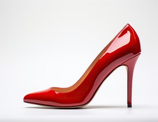 A red patent high-heeled shoe with a pointed toe on a white background.