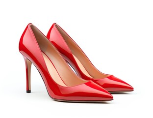 Red patent leather high-heeled pumps are positioned against a white background.