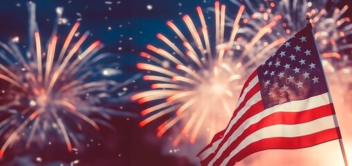 fireworks with the american flag,star and stripes USA national flag, red white and blue, patriotic, 4th July Independence Day, banner wallpaper background, copy space for text