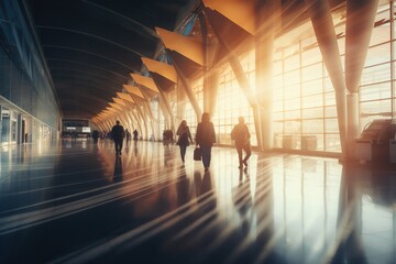 People of various ages and appearances hurry through a bright airport hall bathed in the reflections of the morning sun, mirrored in glass walls and the gleaming floor. - obrazy, fototapety, plakaty
