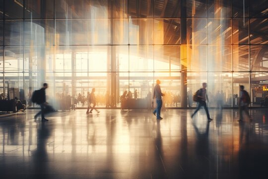 People of various ages and appearances hurry through a bright airport hall bathed in the reflections of the morning sun, mirrored in glass walls and the gleaming floor.