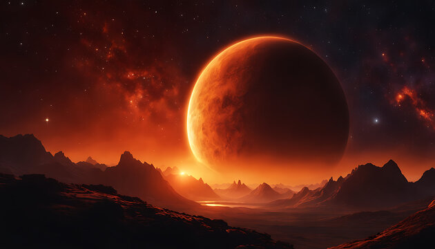 A Mesmerizing Celestial Scene With A Large Orange Planet Surrounded By A Fiery Red Atmosphere, Set Against A Starry Background