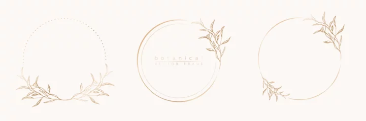 Tuinposter Botanical golden circle frame set. Hand drawn round line border, leaves and flowers for wedding invitation and cards, logo design, social media and posters template. Elegant minimal floral vector. © taniKoArt