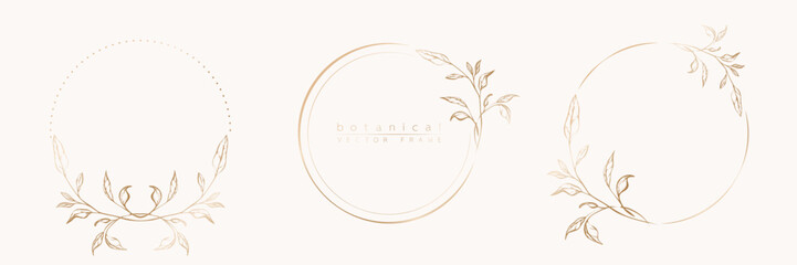 Botanical golden circle frame set. Hand drawn round line border, leaves and flowers for wedding invitation and cards, logo design, social media and posters template. Elegant minimal floral vector.