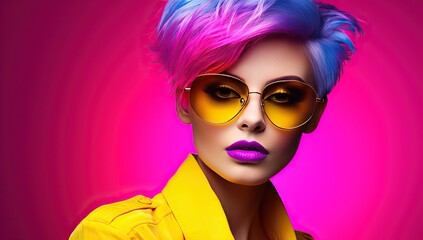 Fototapeta premium Adult Caucasian woman with short blue and pink hair, wearing large round yellow sunglasses and a yellow jacket.