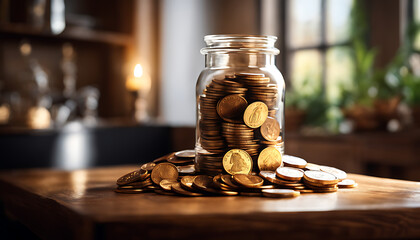 A jar overflowing with coins on a wooden table, symbolizing wealth and prosperity. - obrazy, fototapety, plakaty