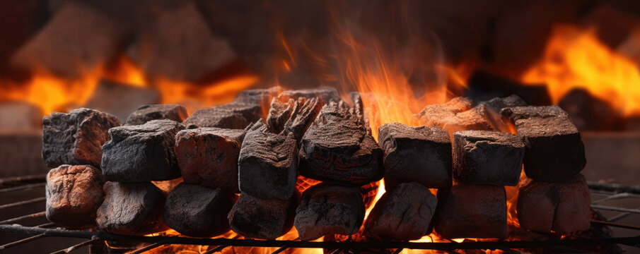 Burning wood briquettes on the grill. generative ai