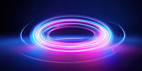 3d render. Abstract geometric background of neon linear ring glowing in the dark. Minimalist futuristic wallpaper