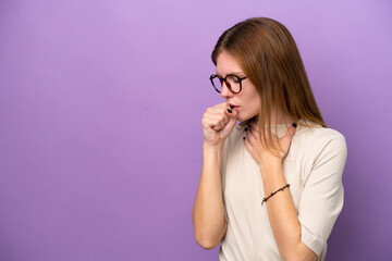 Young English woman isolated on purple background coughing a lot