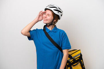 Young English woman with thermal backpack isolated on white background smiling a lot