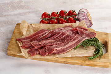 Raw beef bacon for cooking