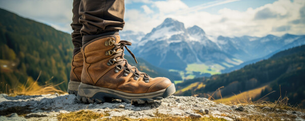Hiker in boots on the moutains. Generative ai