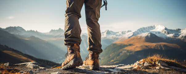 Hiker in boots on the moutains. Generative ai