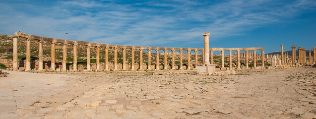 The Roman City of Gerasa (Jerash, Jordan). An oval square surrounded by columns. Main symbol of the...