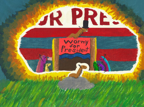 Oil painting of Wormy the caterpillar perched proudly on a rock in grass while a scene plays out in his imagination in which he cheers for himself while wearing an Abraham Lincoln-style top hat.