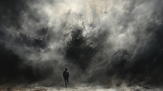 Depression illustration Alone Person in the fog Charcoal drawing on paper artistic style