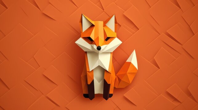 Paper fox on orange background with geometric pattern of triangles