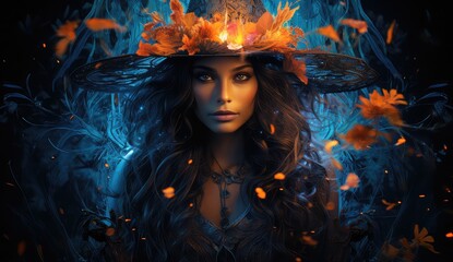 Piękna czarownica w kapeluszu z kwiatami.  - obrazy, fototapety, plakaty