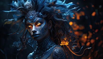 Baśniowa szamanka czarownica z ornamentami na twarzy i błyszczącymi oczami.  - obrazy, fototapety, plakaty
