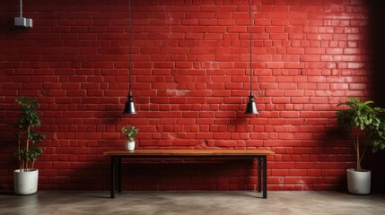 Red brick wall interior minimalistic room with Wooden bench under two lights with plants