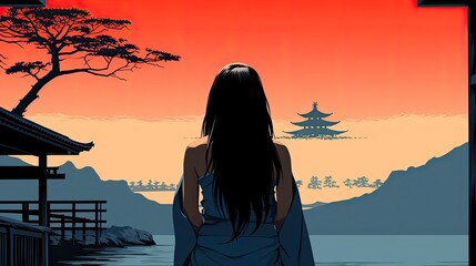 Azjatycka kobieta patrząca na krajobraz z japońską świątynią.  - obrazy, fototapety, plakaty