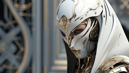 Futurystyczny humanoidalny robot android w biało złotej zbroi.  - obrazy, fototapety, plakaty
