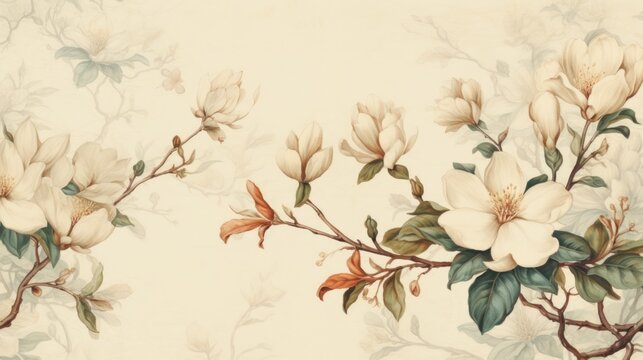 Magnolia tree branch with white flowers and green leaves on beige background