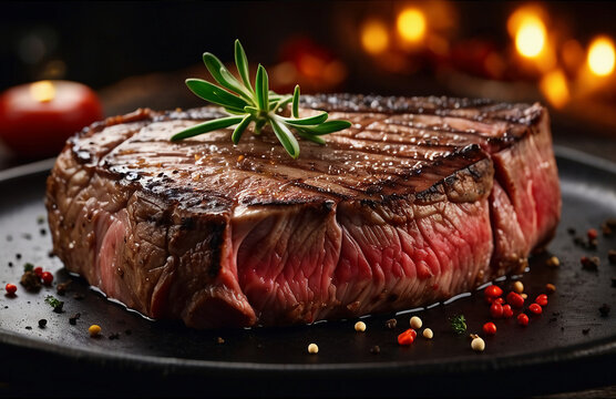 delicious beef steak with rosemary on plate. food image cooking image close up