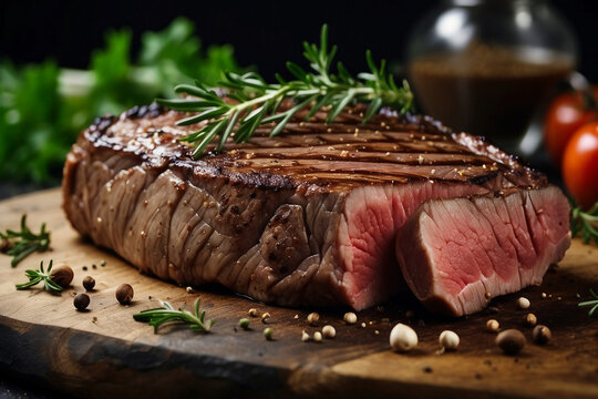 juicy beef steak with rosemary on top. food image cooking close up image