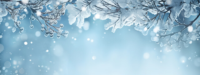 Beautiful blue winter background with snow. Natural background, banner with copy space. Generated AI