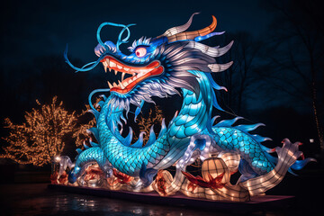 Blue Chinese Dragon symbol of 2024. Chinese New Year. Lantern festival